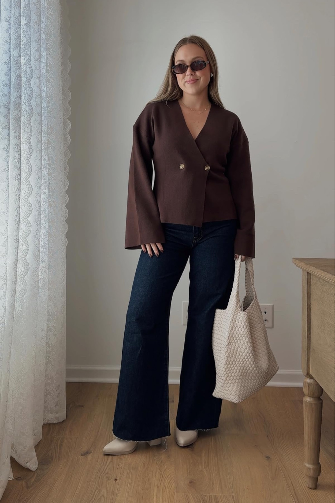 Brown with white accents has become a fall staple for me. Wearing 28 jeans, small sweater


White leather tote bag, brown outfit, amazon finds, fall fashion, autumn womens clothing, wide leg pants, dark wash denim jeans, sunglasses, white boots, leather booties, bracelet, neutral style, chic, workwear, jewelry, chic earrings 

#LTKStyleTip #LTKWorkwear #LTKItBag