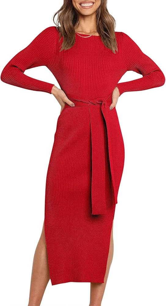 Caracilia Women's Crew Neck Long Sleeve Midi Sweater Dress Elegant Side Slit Bodycon Dress with Belt | Amazon (US)
