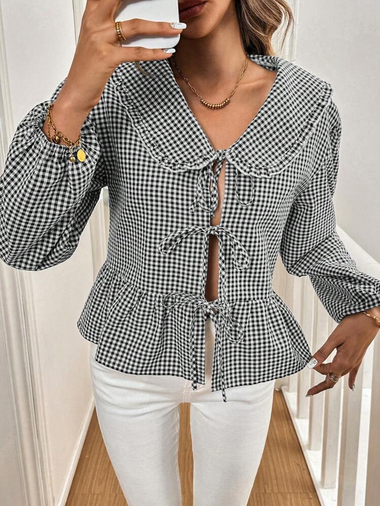 Chiquease Ladies' Peter Pan Collar Plaid Shirt With Self-Tie, Ruffle Trim, Button Down, Long Sleeve Peplum Top | SHEIN