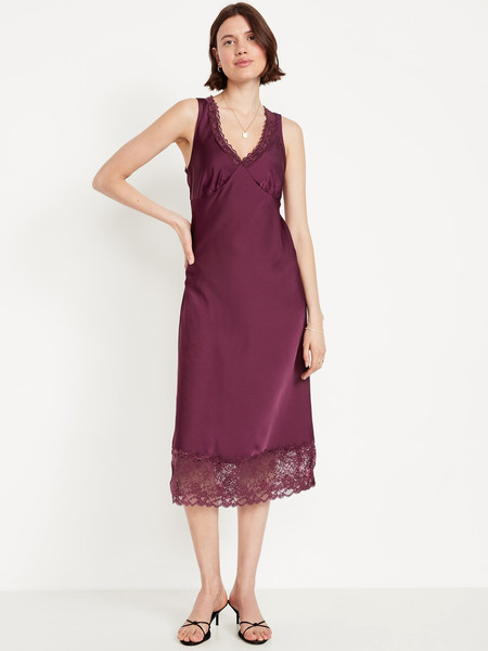 Lace-Trim Satin Midi Dress | Old Navy (CA)