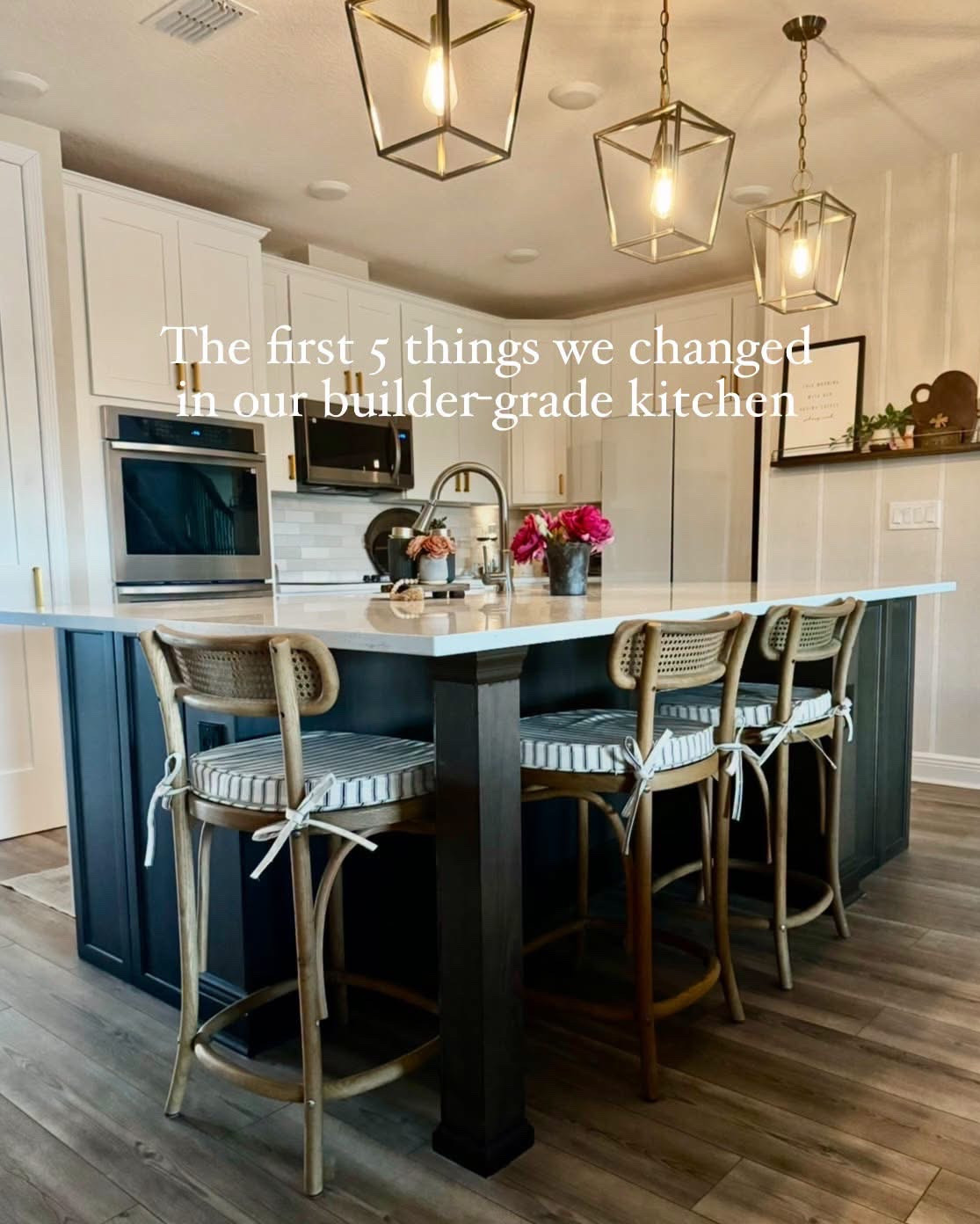 Our new kitchen was smaller than our last one, so I wanted to make every bit of storage count when I set it up—and give all that white a little warmth. 🤎

These were the first five changes we made when we moved in:

1. Brass hardware to warm up the white cabinets.
2. A backsplash with varied tile tones to add warmth and character.
3. Warm gold pendants over the island to coordinate with the brass hardware.
4. A flat-panel pantry door that matched the cabinets, plus an extra shelf and a back-of-the-door organizer to make more room for storage.
5. Cabinet pullouts so we could fit more in our cabinets and actually reach what was in the back.

These changes made our kitchen feel more like us and work better for everyday life. I’ve linked what I used so you can find ideas for your own kitchen!

#LTKHome
