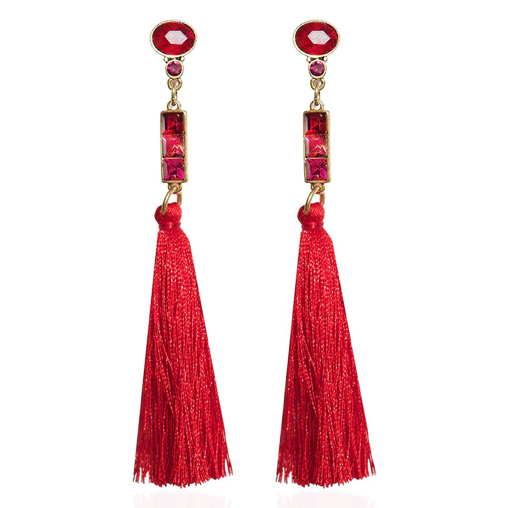 Ruby Red Jeweled Tassel Earrings | Sequin