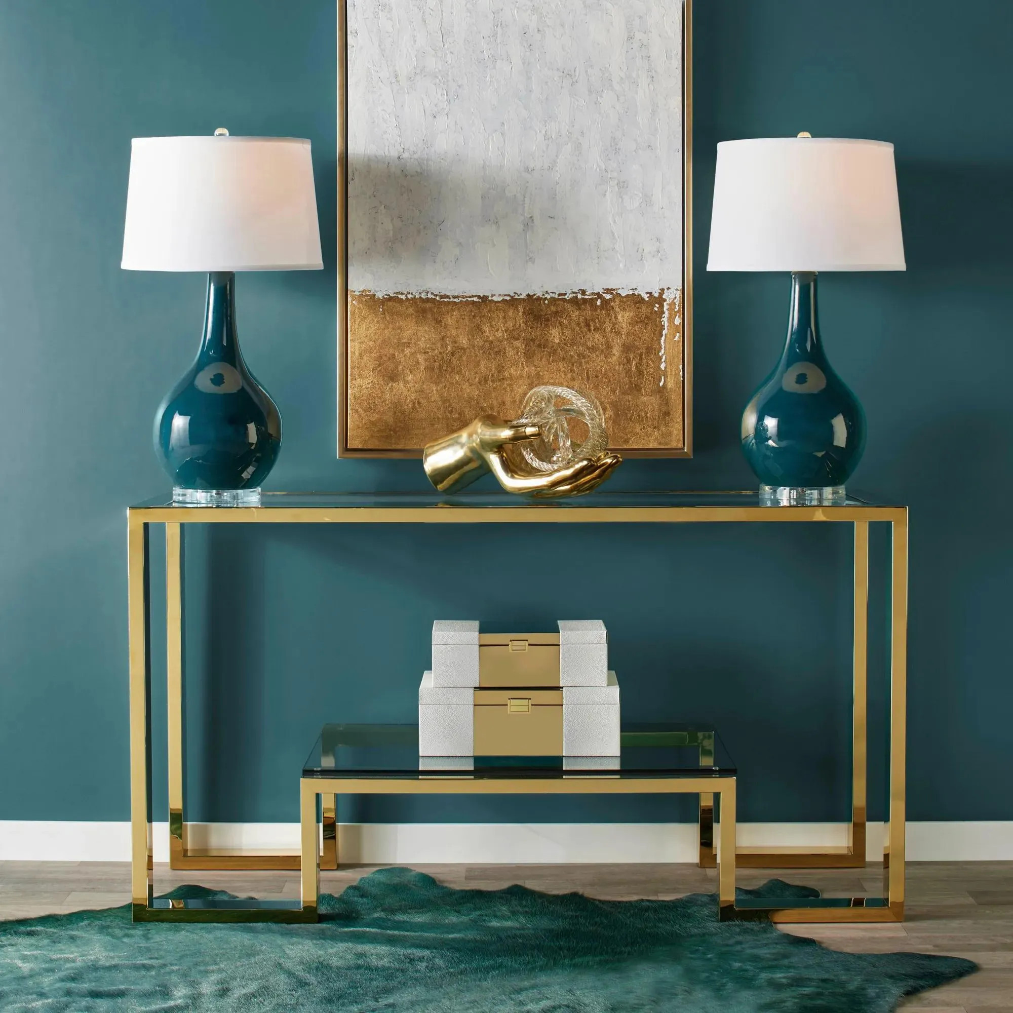 Duplicity Console Table | Gold | Console Tables | Z Gallerie | 59"W X 19"D X 32"H | Stainless steel with glass top | Z Gallerie