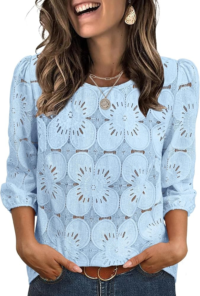 Sampeel Women Blouses Dressy Casual 3/4 Length Sleeve Tops Eyelet Lace Spring Summer Shirts Beach... | Amazon (US)