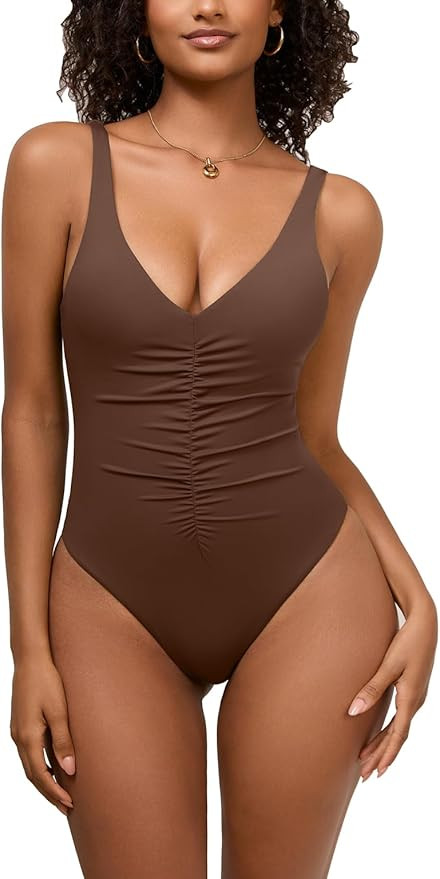 One Piece Swimsuit for Women Sexy V Neck Ruched Tummy Control Slimming Swimwear Cheeky High Cut B... | Amazon (US)