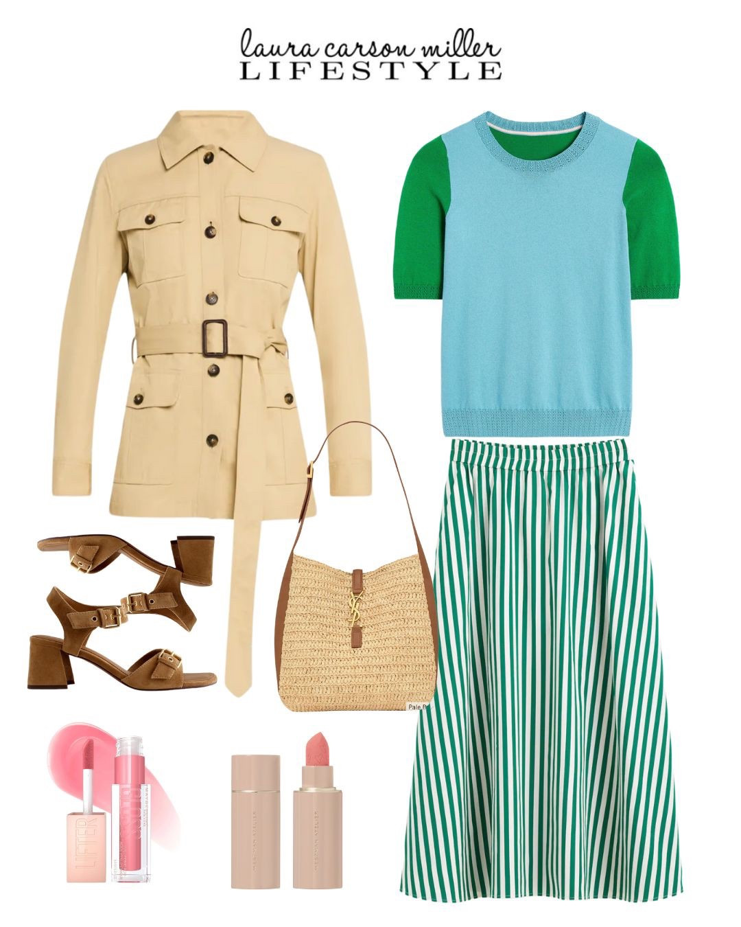 I love the look of this relaxed skirt with a tailored jacket like this one. Pink lips are my fave. I use a pretty pink lipstick as an anchor with a pink gloss on top. A raffia bucket bag is the thing for spring! 
Laura carson miller, raffia bucket bag, striped skirt, belted trench jacket, sandals, pink lipstick, pink gloss, work outfit, date night outfit, spring style

#LTKWorkwear #LTKBeauty #LTKStyleTip