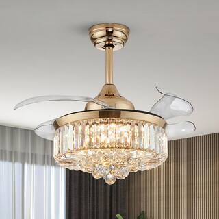 ANTOINE 36 in. Integrated LED Indoor Gold Crystal Chandelier Retractable Blades Ceiling Fan with ... | The Home Depot