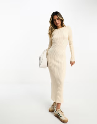 ASOS DESIGN knitted crew neck maxi dress in rib in cream | ASOS (Global)