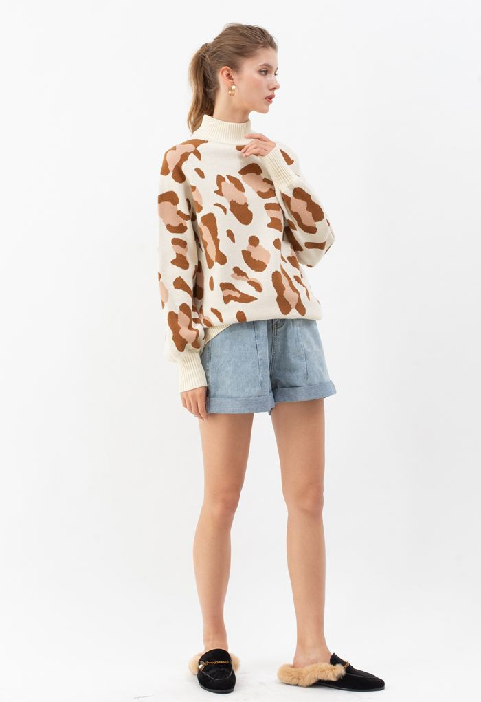 High Neck Irregular Print Ribbed Knit Sweater in Cream | Chicwish