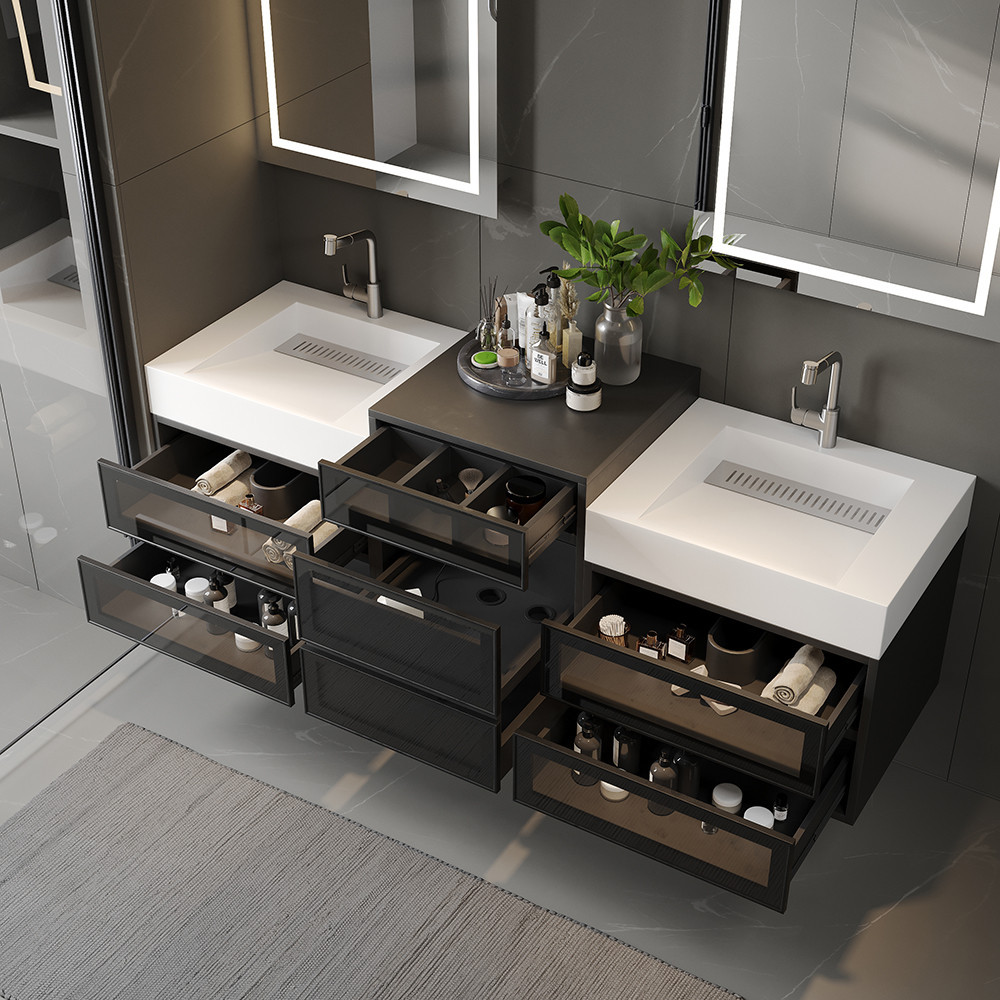67"" Floating Double Bathroom Vanity and Center Tower Black with Faux Marble Top | Homary