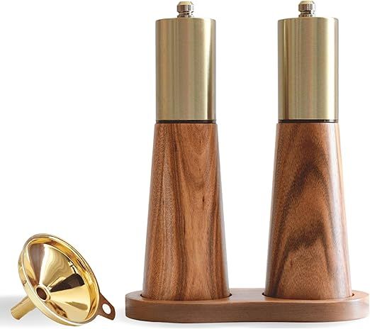 Gold Salt and Pepper Grinder Mill Set With Wood Base, Free Gold Funnel,Stainless Steel Manual Sal... | Amazon (US)