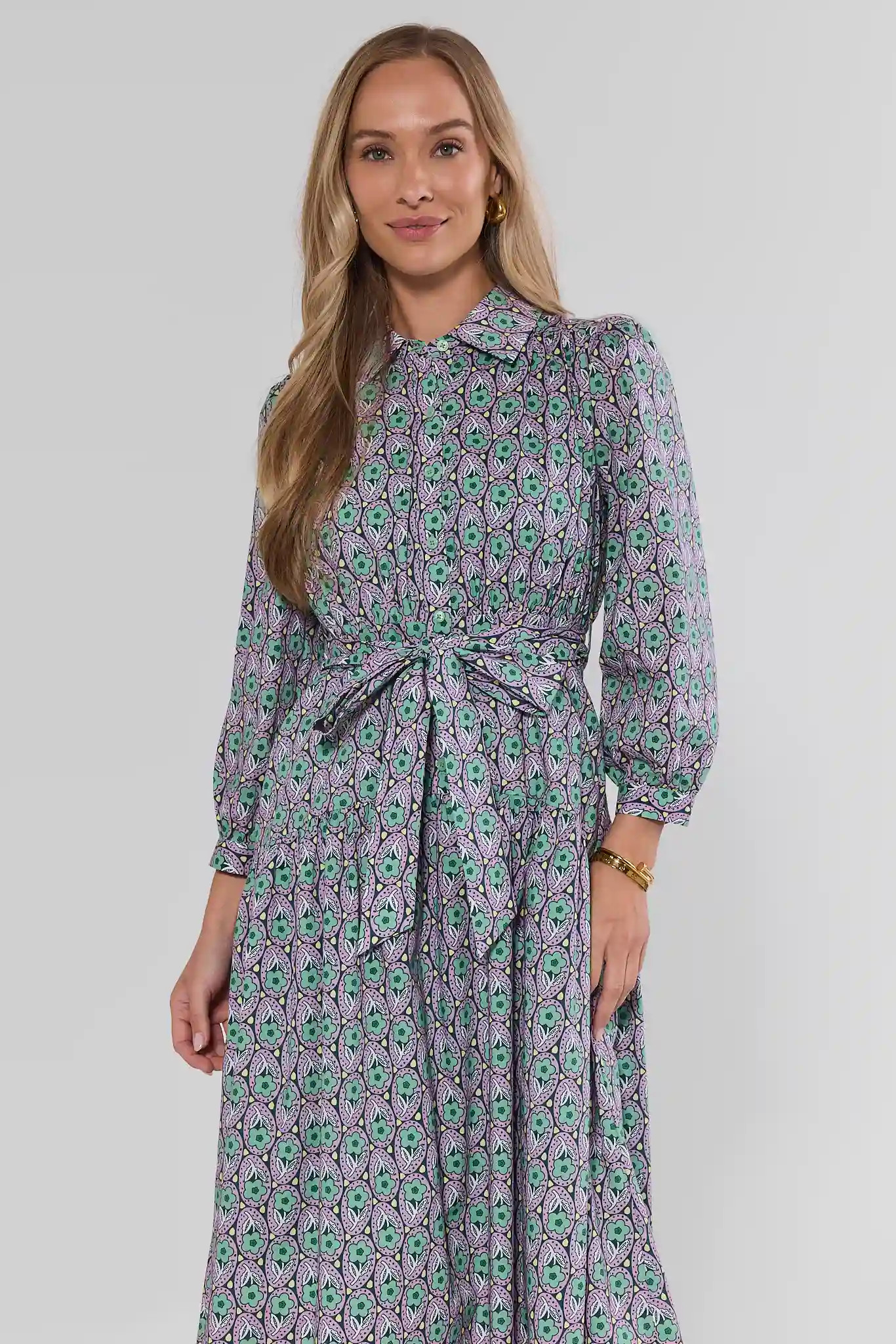 Green Floral Printed Collared Midi Dress | Avara