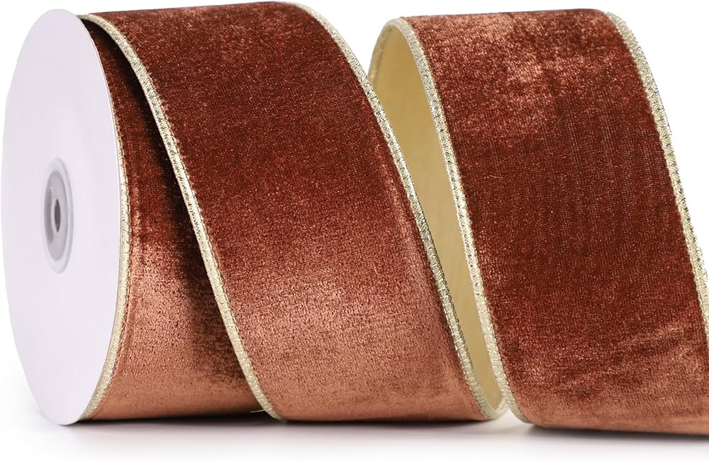 Dark Brown Velvet Ribbon Wired 2.5" x 10 Yards Brown Christmas Wired Ribbon with Gold Backside, B... | Amazon (US)