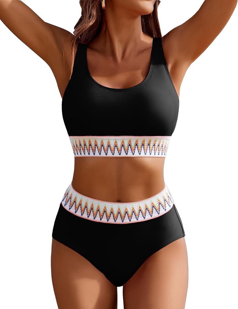 AI'MAGE Women's Bikini Sets High Waisted Two Piece Sporty Swimsuits High Cut Tummy Control Bathin... | Amazon (US)