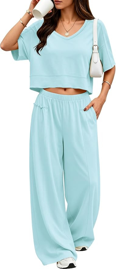 ReachMe Women's 2 Piece Lounge Set V Neck Crop Top Wide Leg Pants | Amazon (US)