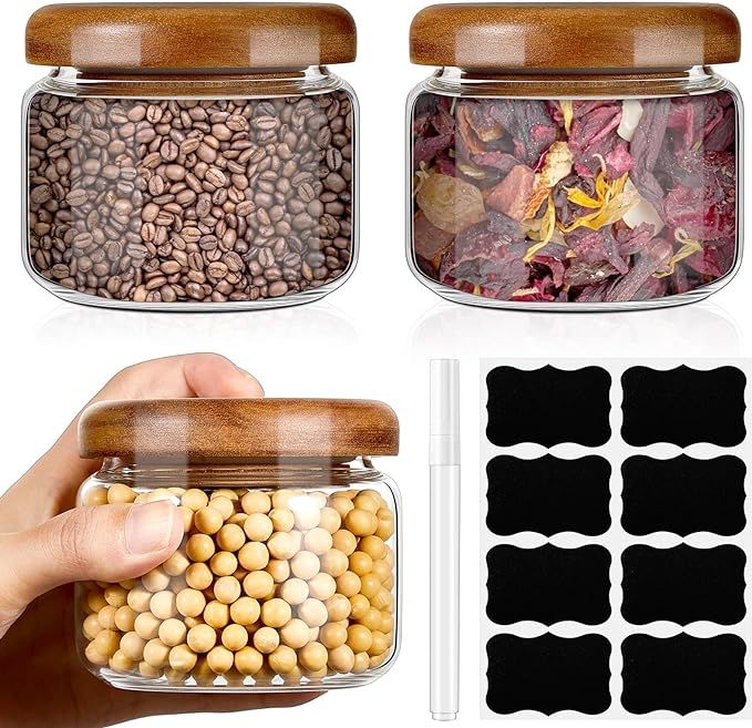 Hushee 3 Pcs Small Glass Jars with Bamboo Lids 10 oz, Clear Storage Jars with airtight Lids, Roun... | Amazon (US)