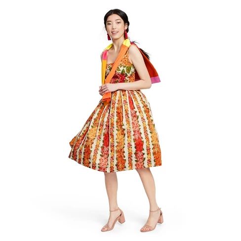 Women's Floral Print Sleeveless Square Neck Pleated Dress - Isaac Mizrahi for Target Red/Orange | Target