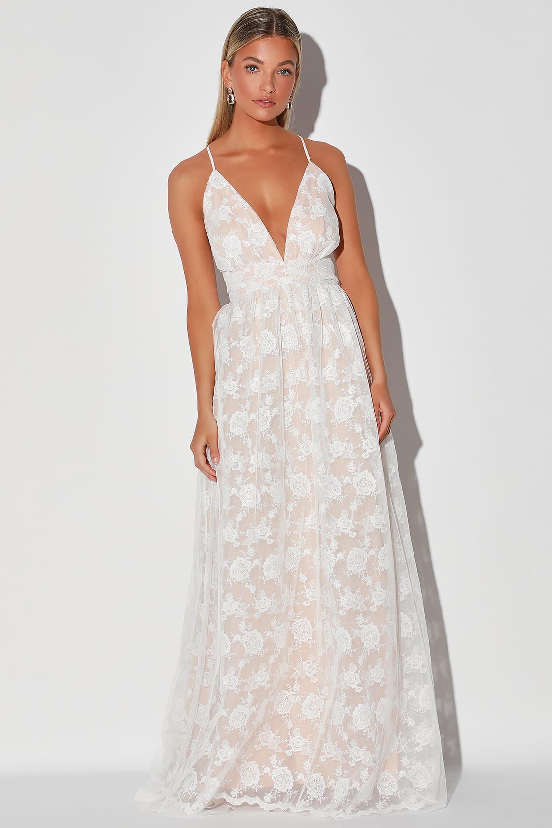 Ivywood White and Beige Embroidered Lace Backless Maxi Dress | Lulus