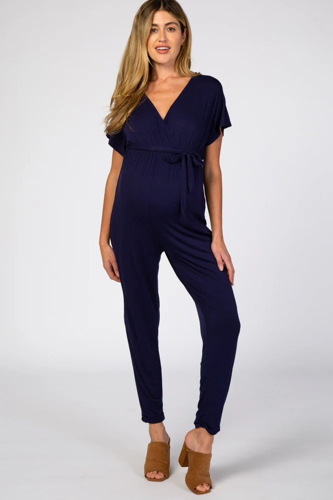Navy Wrap Tie Maternity Jumpsuit | PinkBlush Maternity