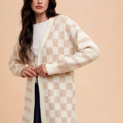 Womens Casual Checkered Pattern Chic Longline Open Front Knit Cardigan Sweater With Ribbed Trim Beige White Checkerboard Print Long Sleeve Mid Length | SHEIN