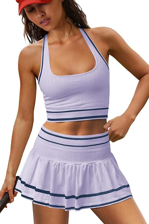 LAMISSCHE Seamless Athletic Skirt Set Square Neck Tank Pleated Skort Set | Contrast Piping, Halte... | Amazon (US)