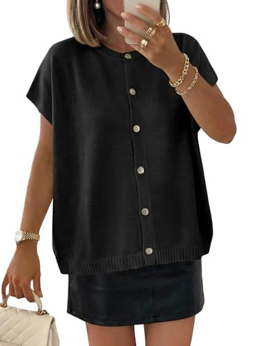 Saodimallsu Womens Oversized Cardigans Summer Short Sleeve Lightweight Knit Button Down Crew Neck Casual Sweater Tops Black | Amazon (US)