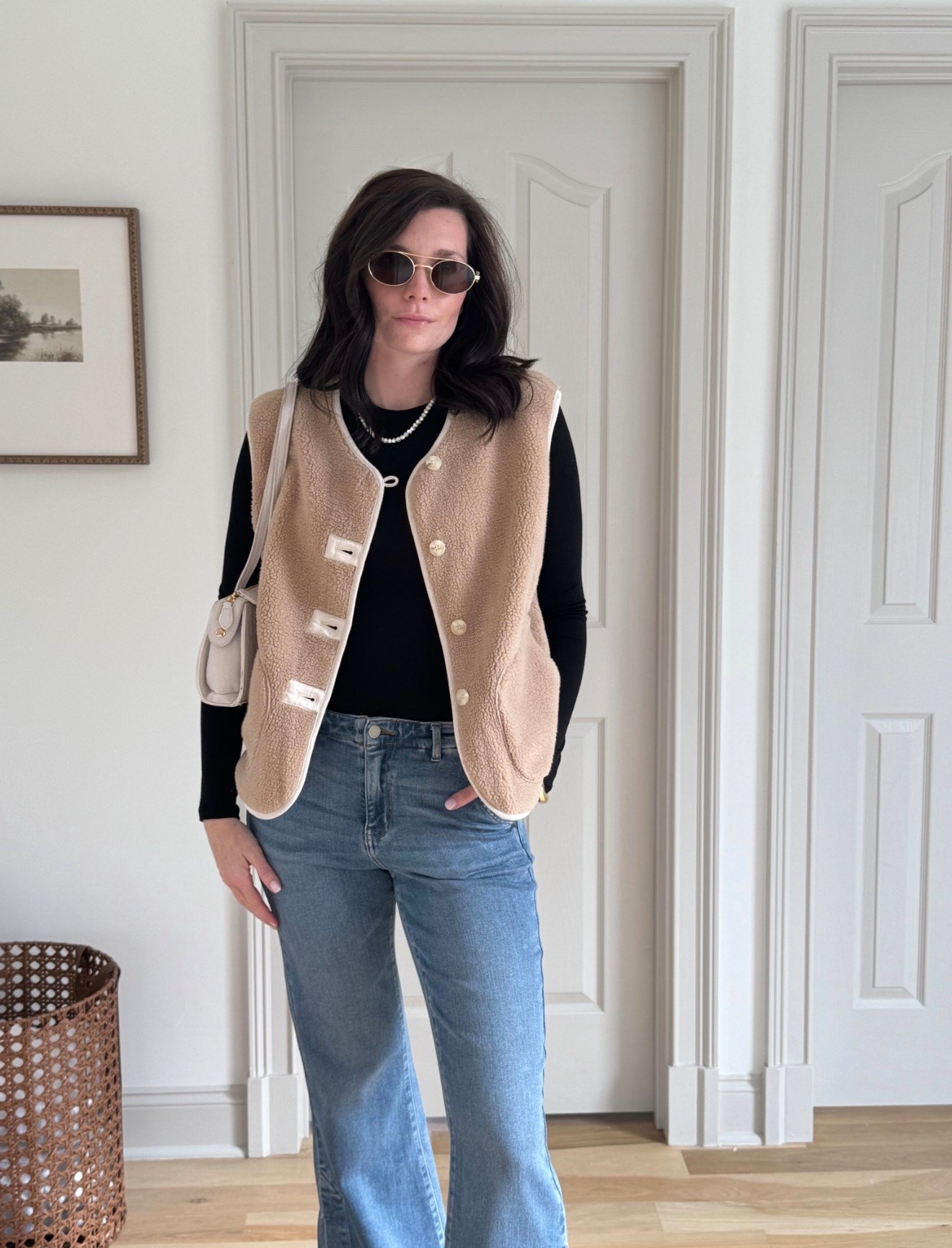 tan vest, denim, sunglasses, chic outfit, winter outfit 

#LTKootd #LTKSeasonal #LTKFindsUnder50