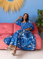 Zeena X Joanie - Emma Blue Floral Print Puff Sleeve Midaxi Dress | Joanie