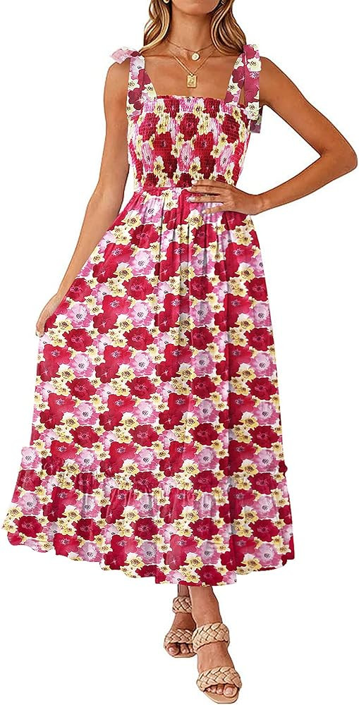 Tobrief Women's Boho Dress Summer Spaghetti Strap Square Neck Flowy Ruffle Beach Long Maxi Dress | Amazon (US)