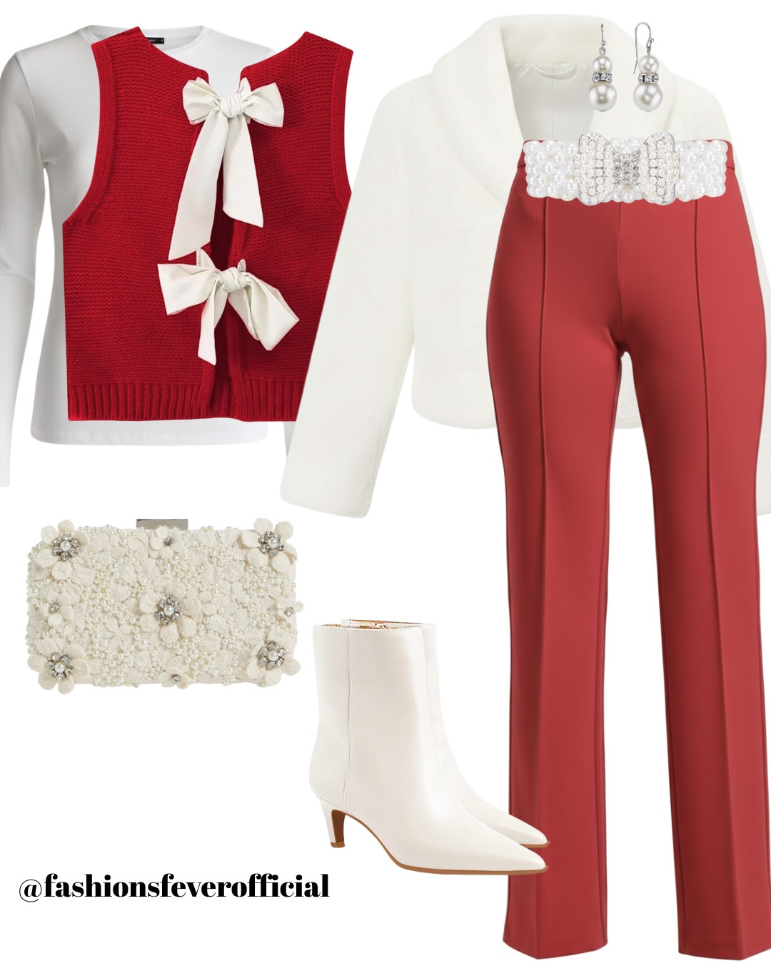 This romantic red-and-white outfit is perfect for a cozy dinner date or a chic Valentine’s celebration. The bow-detail knit vest layered over a soft white top adds a sweet, feminine touch, while the tailored red pants keep the look sleek and flattering. Finished with a pearl-embellished belt, statement earrings, a floral clutch, and white ankle boots—this look is elegant, festive, and effortlessly put together.

Perfect for date night, Galentine’s dinner, or a Valentine’s event where you want to look polished but still romantic
#LTKFashion #LTKStyletip

#LTKootd #LTKSeasonal #LTKValentine