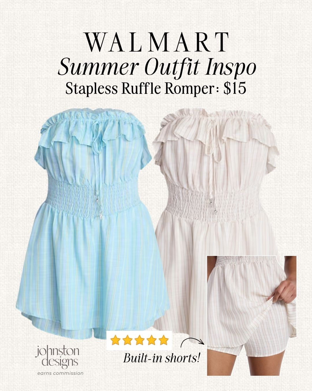 Walmart summer romper find. $15 strapless ruffle style with built-in shorts! Cute for beach days, pool plans, errands or vacation packing.

Walmart style, walmart finds, summer romper, strapless romper, ruffle outfit, built-in shorts, vacation look, beach outfit, pool day, affordable fashion. 

 #LTKootd #LTKSeasonal