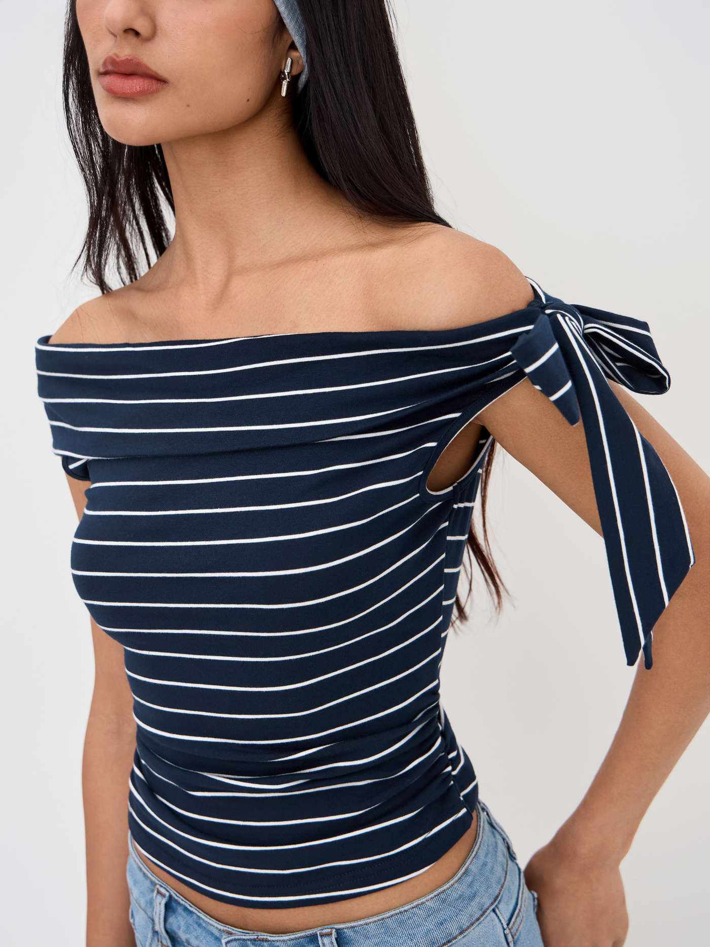 Knit Fabric Cotton-blend Asymmetrical Neck Stripe Ruched Bowknot Tank Top For Daily Casual | Cider