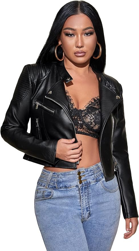 MakeMeChic Women's Petite Casual Faux Leather Cropped Jacket Zip Up Long Sleeve Moto Biker Coat | Amazon (US)