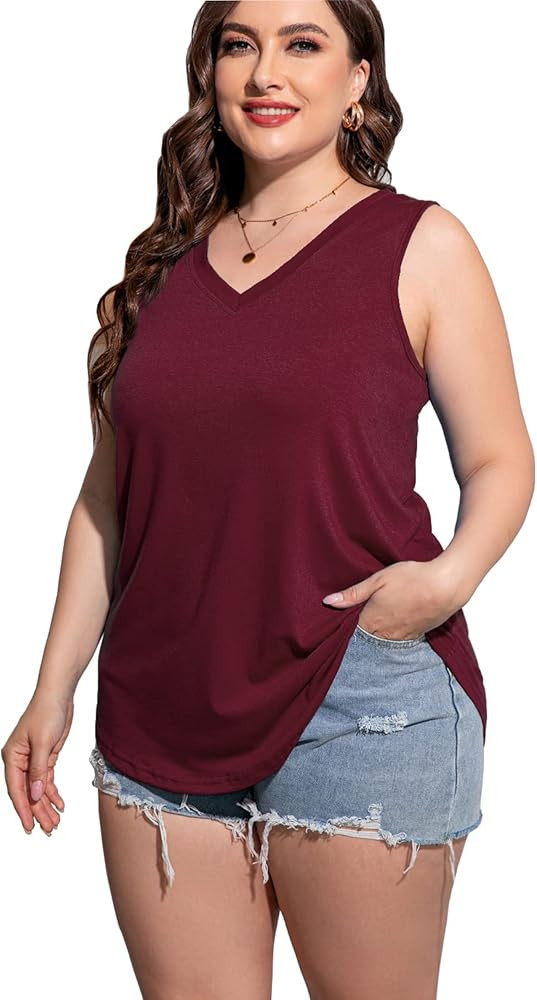 CARROTMOB Plus Size Sleeveless Tops Women Casual Summer Sleeveless Loose Fit V Neck Ladies Basic ... | Amazon (US)