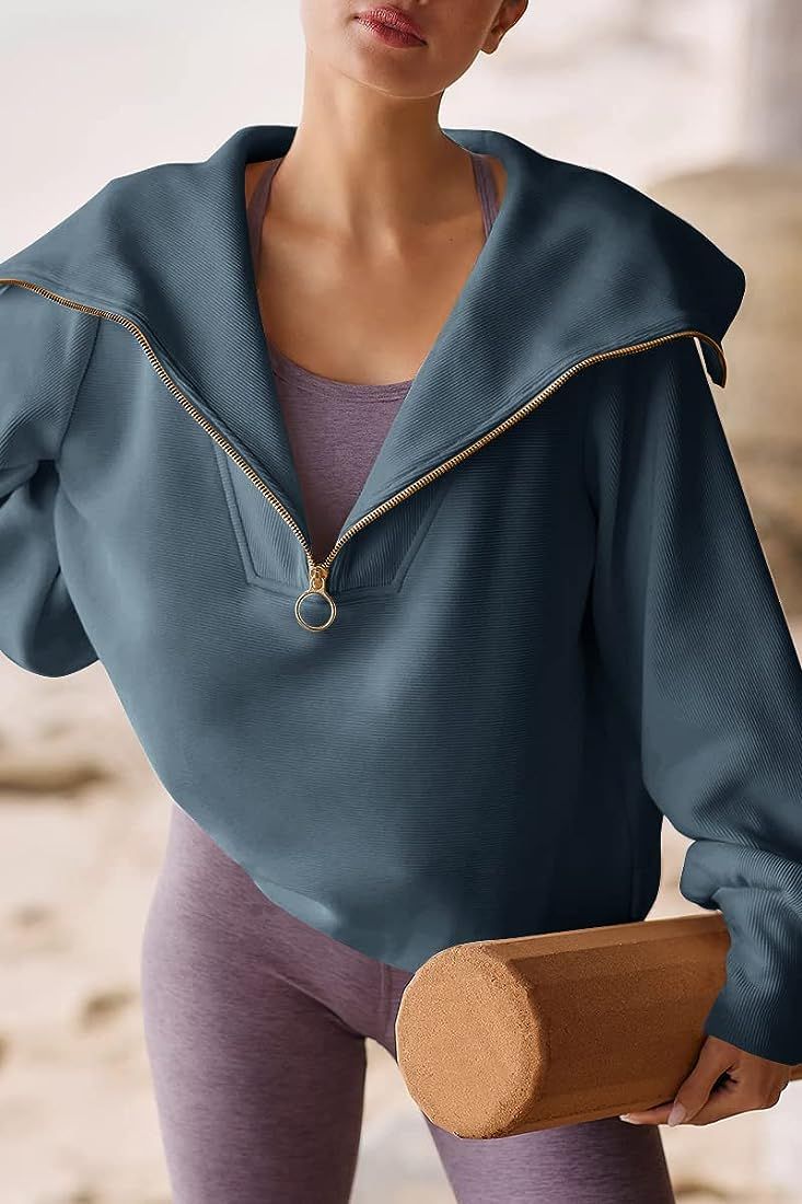 EFAN Womens Oversized Half Zip Sweatshirts Pullover Quarter Zip Solid Hoodie for Teen Girls Fall Y2K | Amazon (US)