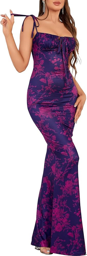 KUTUMAI Women's Summer Floral Bodycon Maxi Dress Spaghetti Strap Sleeveless Boho Long Dresses | Amazon (US)