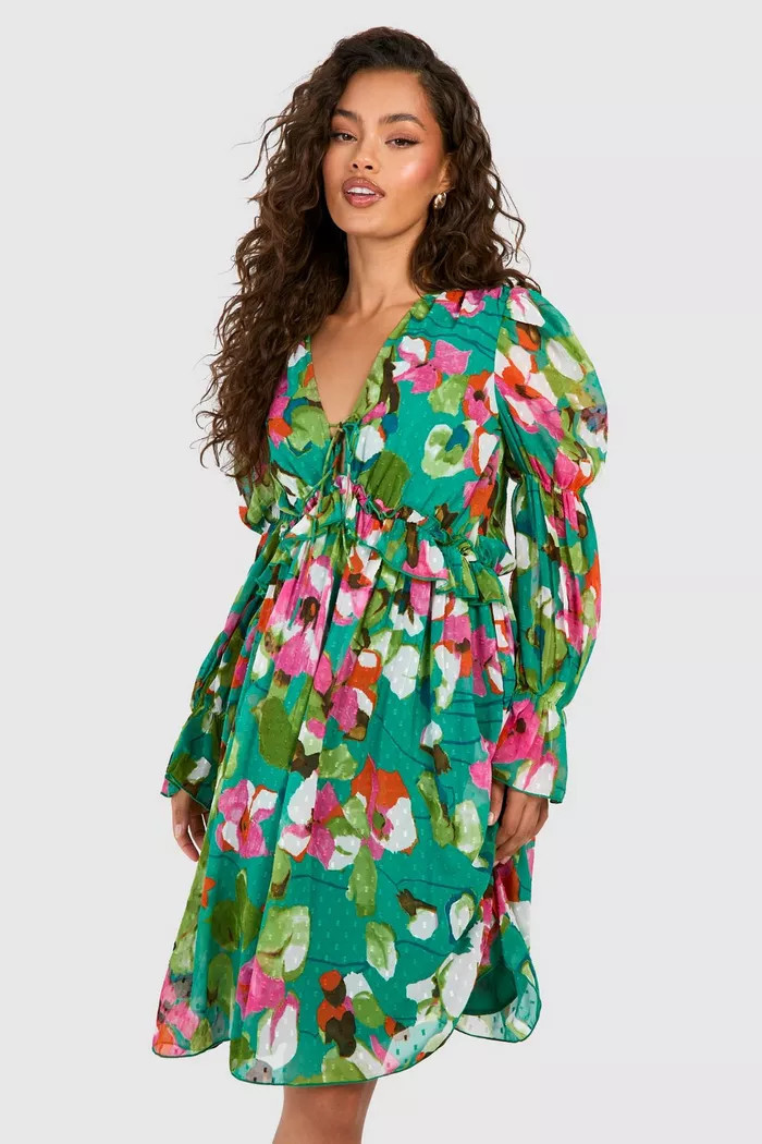 Floral Dobby Plunge Puff Sleeve Midi Dress | boohoo (US & Canada)
