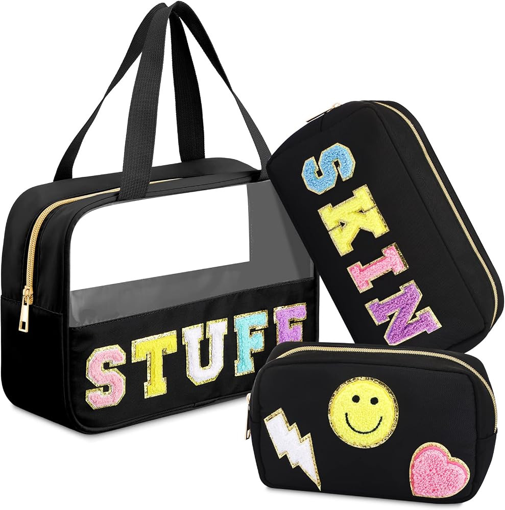3 Pieces Chenille Letter Patch Makeup Bag Nylon PVC Preppy Makeup Stuff Bag Cosmetic Bag Chenille... | Amazon (US)