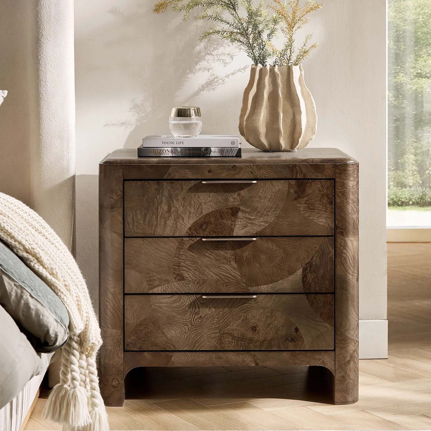 Lark Manor™ Amandine Modern 3 Drawer Burl Wood Nightstand With Built-In Power Station And USB | Wayfair | Wayfair North America