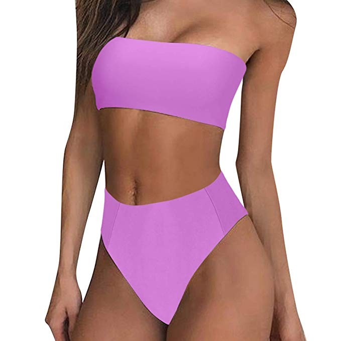 RUUHEE Women High Cut Bandeau Tropical Leaf Printed Strapless Swimsuits Bikini Set | Amazon (US)