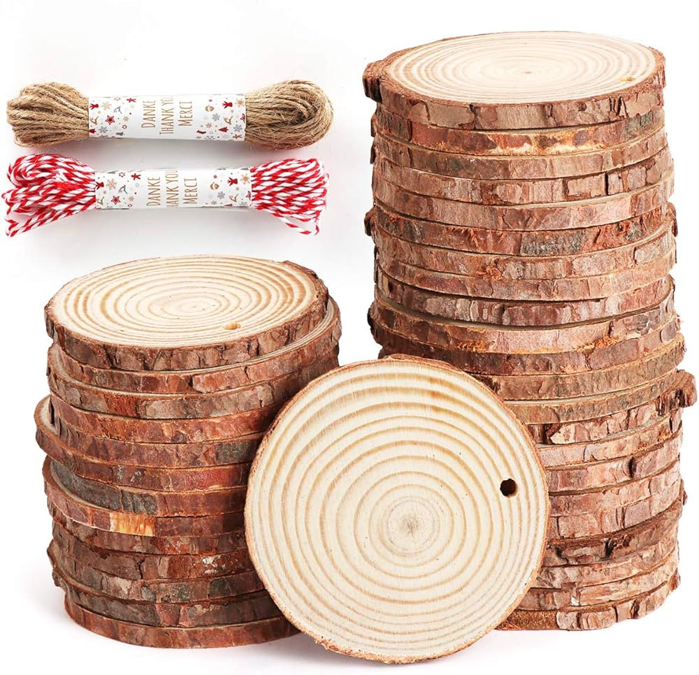 50Pcs Wood Slices 2.4"-2.8" Unfinished Natural Wood Rounds with Pre-drilled Hole and 66Feet Twine... | Amazon (US)