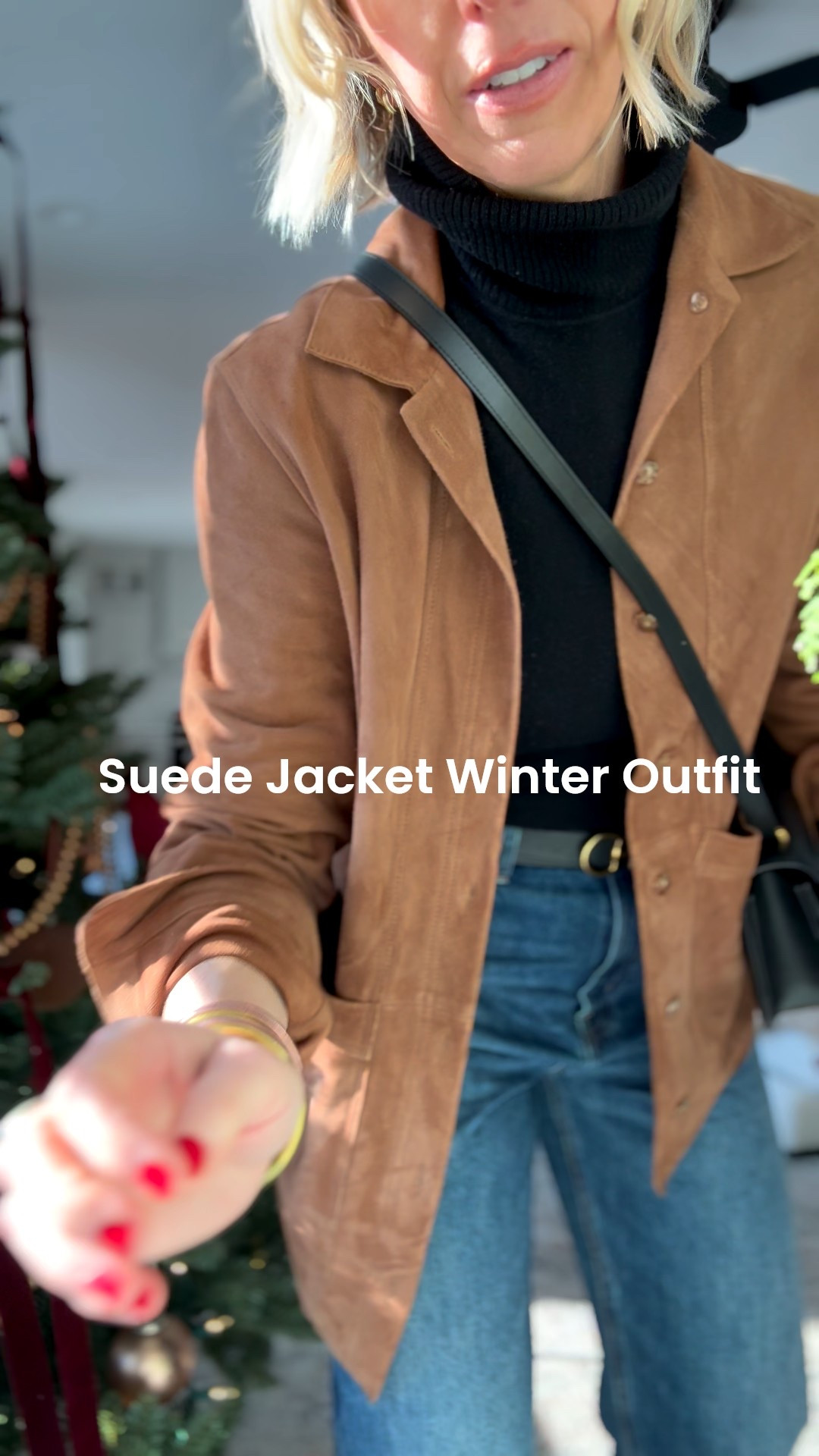 Suede jacket winter outfit! I wanted to bring my fav Sezane jacket from fall
To winter. Love it layered with a cashmere sweater. 
Wearing a size medium 

#LTKdayinmylife #LTKootd #LTKOver40