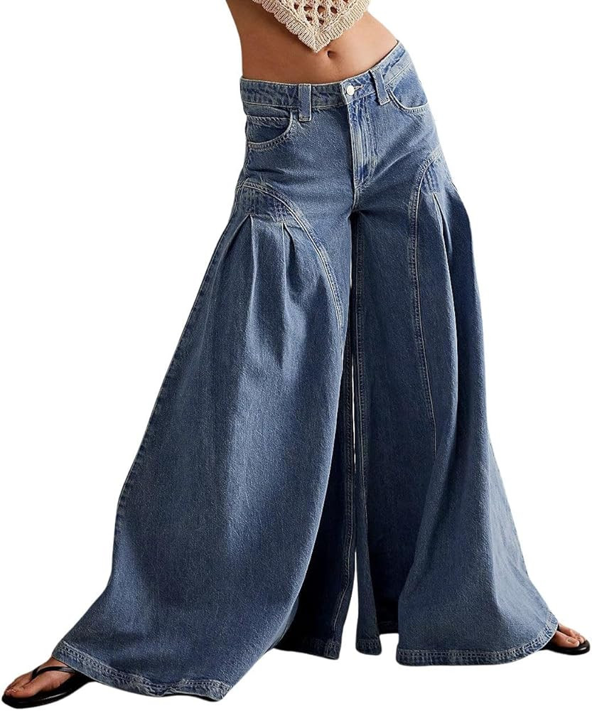 chouyatou Women's Y2k Baggy Jeans Boyfriend Culotte Jeans Flare Wide Leg Loose Denim Pants with Pockets | Amazon (US)