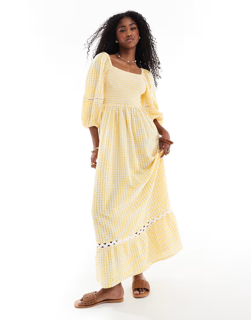 Accessorize puff sleeve gingham maxi beach dress in orange | ASOS (Global)