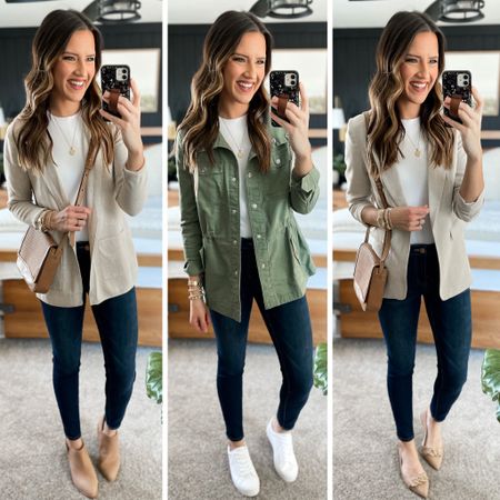 Spring Capsule Wardrobe 

Jeans (2 regular) 
Cardigan (small) 
Green jacket (small) 
Blazer (small) 
All shoes are tts 

Code CLOTHEDINGRACEBLOG for 20% off my bag and booties 

#LTKstyletip #LTKFind #LTKunder50