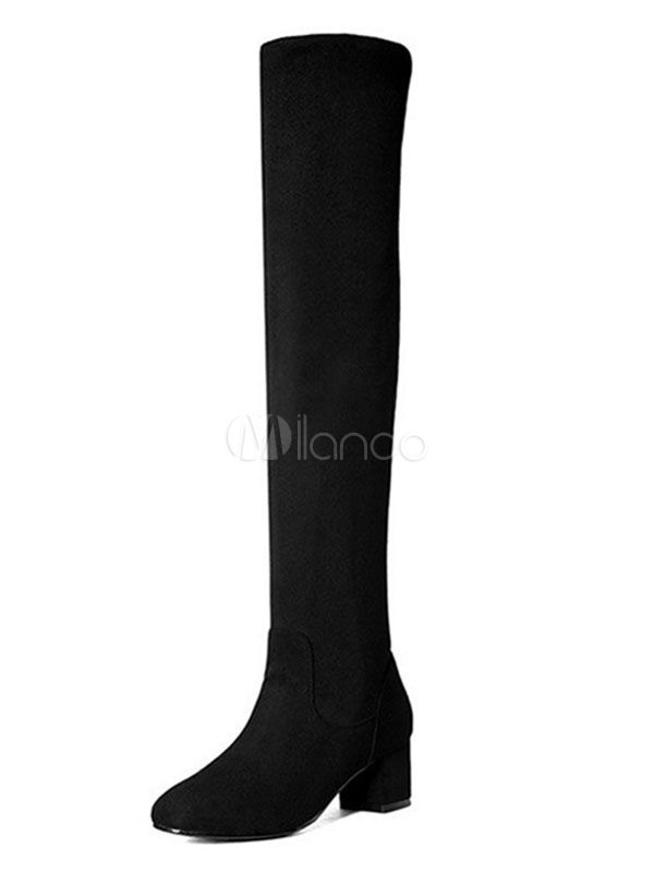 Black Over Knee Boots Suede Round Toe Thigh High Boots Women Winter Boots | Milanoo