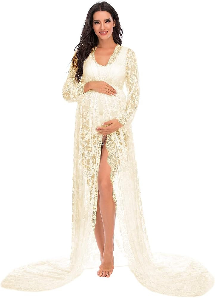 ZIUMUDY Maternity Deep V-Neck Split Front See-Through Maxi Lace Dress for Photography with Long S... | Amazon (US)