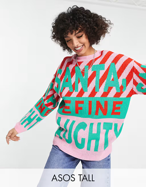 ASOS DESIGN Tall Christmas sweater with Santa define naughty pattern | ASOS (Global)