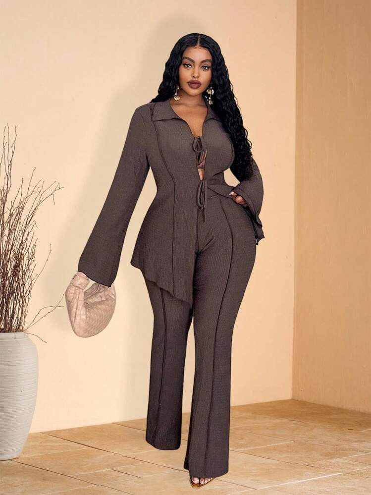 Veslaya 2025 New Spring & Summer Plus Size Women 2-Piece Casual/Tropical Vacation/Road Trip/City Getaway Matching Solid Color Collared Tie-Front Cardigan & Wide Leg Elastic Waist Pants Set Women Summer Clothing Women Plus Clothing Formal | SHEIN