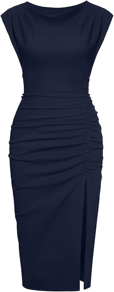 IHOT 2024 Women's Mock Neck Side Slit Ruched Bodycon Cocktail Party Wedding Guest Midi Dress | Amazon (US)
